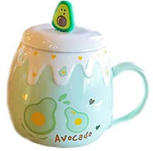 Einhorn Tasse mit Deckel Löffel 3D Süße Keramik Kaffee Tee Tasse Pärchen Tassen Set Geburtstagsgeschenk für Frauen Freund Liebhaber (grüne Avocado, 500ml)