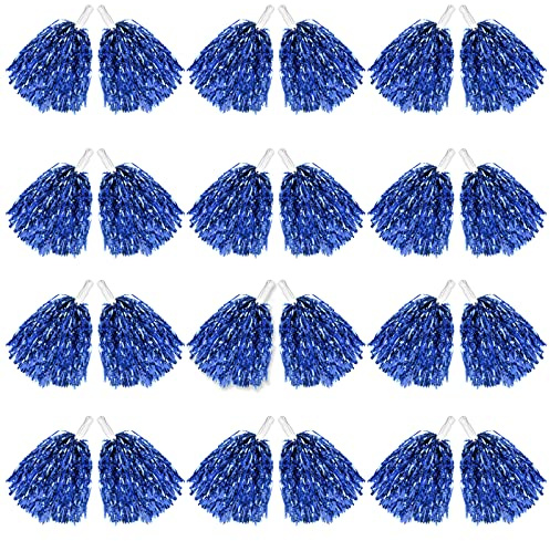 DILIBRA 24 Pcs Metallic Cheerleading Pom Poms with Baton Handle (Blue)