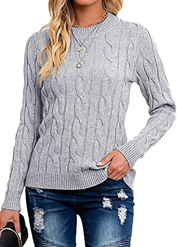 Breampot Women Cable Knit Jumper Casual Basic Long Sleeve Pullover Sweater Tops(Grey,Large)