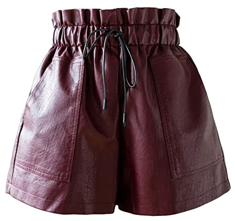 SCHHJZPJ Pantalones cortos negros de piel sintética de cintura alta y pierna ancha para mujer, Rojo vino, XL