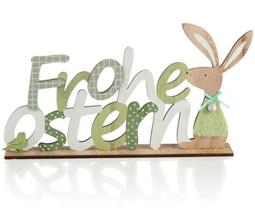 com-four® Deko Aufsteller Frohe Ostern - Schriftzug mit Osterhasen - Osterdeko zum Hinstellen - Osterdekoration aus Holz mit Glöckchen (1 Stück - Hase und Vogel)