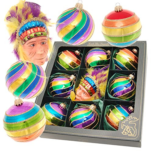 Krebs Glas Lauscha - Weihnachtsdekoration/Christbaumschmuck aus Glas - Weihnachtskugeln Bright & Colorful Xmas Indianer- 9 Stück - Größe: 8 cm + GRATIS 3er Set Sticker