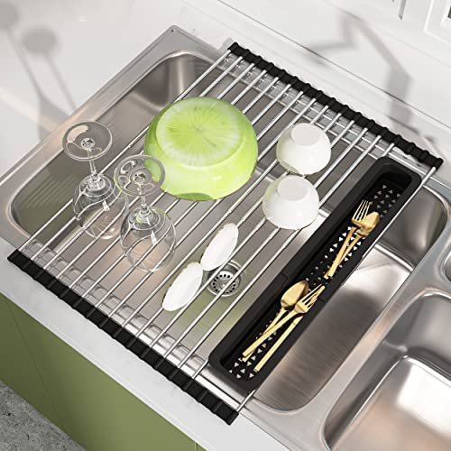 JASIWAY Dish Drying Rack, Roll Up Dryer Rack for Inside Sink, Expandable (12.8-23.8 D x 15.5 W) 304 Stainless Steel Dish Drainers for Kitchen Counter, Over Sink Cover with Utensil Holder