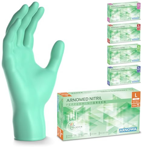 ARNOMED Einweghandschuhe Grün 100 Stück/Box, Nitrilhandschuhe L, Einmalhandschuhe, Handschuhe Einweg puderfrei, latexfreie Gummihandschuhe, Einweghandschuhe in XS, S, M, L & XL verfügbar
