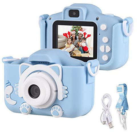 KinderKamera, Andoer Digitalkamera Kinder, 1080P 2,0 Kamera Kinder Fotoapparat mit Umhängeband, Geschenke für 3 4 5 6 8 7 9 10 11 12Jahre Jungen und mädchen, Blau Katze