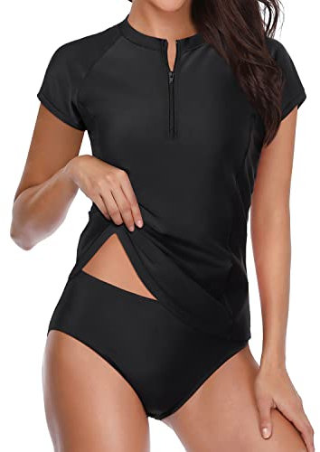 Holipick 2 Piece Short Sleeve Rash Guard Women Zip Up Swimsuits SPF Swim Shirts with Built in Bra, Solid Black, Large