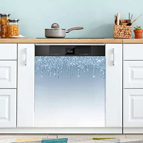 Autocollant décoratif pour panneau magnétique de lave-vaisselle avec paillettes bleues pour armoire, cuisine, buanderie, 58,4 x 66 cm