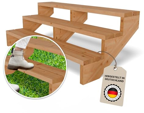 Gartenwelt Riegelsberger Terrassentreppe 3 Stufen Breite 150 cm Höhe 55 cm | Außentreppe aus Lärche natur für Terrasse & Garten | Komplett-Set mit Wangen, Bohlen & Edelstahlschrauben