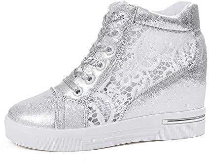 Scarpe da ginnastica con tacco alto, traspiranti, comode, casual, da trekking, con zeppa, da donna, in rete, 37-40, argento, 39 EU