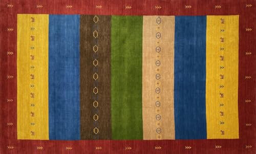 Teppich 100% Wolle 200x300 cm Grün Blau Gold Handgewebt Gabbeh Orientteppich