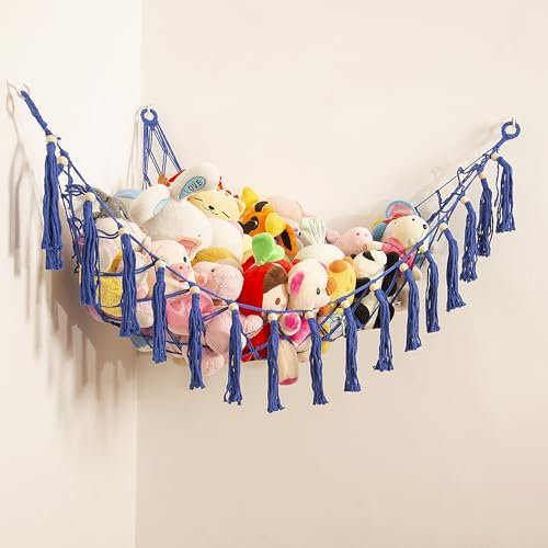 Stuffed Animal Hammock Hanging Net for Soft Toy Storage Organizer Teddy Bear Net Plush Holder Boho Macrame Toy Holder-Blue