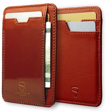 Vaultskin Brixton Slim Leather ID Card Holder - Minimalist Front Pocket RFID Protection Wallet with ID Window for Men and Women (Chestnut Brown)