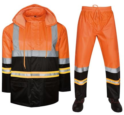 Hi Vis Viz Lightweight Contrast Rainsuit 2 Piece Set High Visibility Hooded Unisex Waterproof PVC Rain Suit Jacket & Trousers Workwear Rain Wear