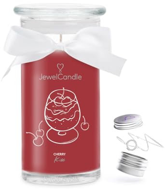 JuwelKerze Cherry Kiss Armband Silber - Schmuckkerze 80 Std - große Duftkerze im Glas mit fruchtigem Duft - Kerze mit Schmuck - Geschenke für Frauen