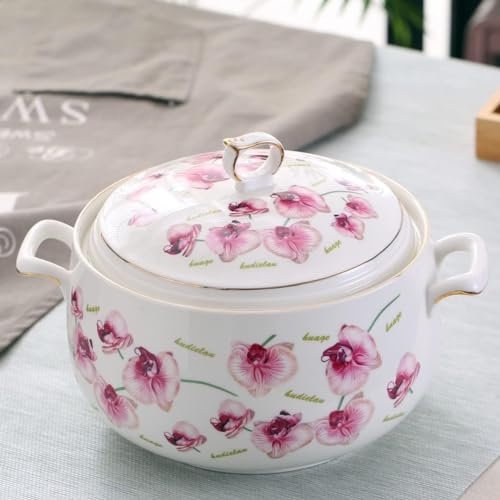 Chfkun Zuppiera in ceramica bianca, Casseruola rotonda con coperchio, 3000 ml, adatta al microonde e lavabile in lavastoviglie, Bianca