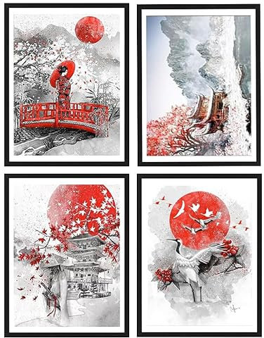 DCIDBEI 30x40CM 5D 4 Lot Diamond Painting Schwarz Rot, DIY Rund Diamant Painting Bilder Japanische Landschaft, Mosaik Kreativ-Set für Erwachsene, Dekoration Schlafzimmer Wohnzimmer