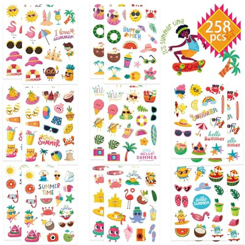 Fyvadio 262 PCS Summer Stickers for Kids, Beach Ocean Diving Sticker for Water Bottles, Watermelon Ice Cream Children Holiday Hawaiian Sticker Bulks Crafts School Teacher Classroom Party Favors