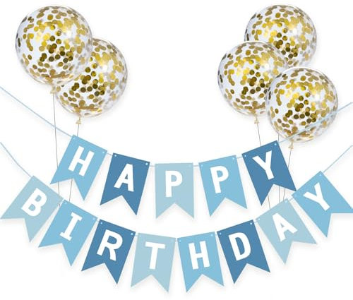 Meowoo Banner Happy Birthday Girlande mit 5 Goldenen Latexballons, Geburtstag Deko Zubehör Party Dekoration Banner und Ballon Set Geeignet für alle Altersgruppen (Dunkel- und Hellblau)