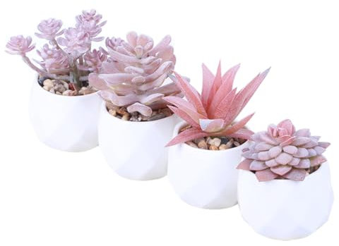 Artificial Succulent Plants Pink Fake Plant Mini Faux Plants in Pots for Tabletop Decor 4PCS, Faux Plants