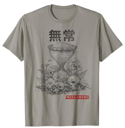 Sablier japonais rétro gothique craquelé crâne champignon Kanji T-Shirt