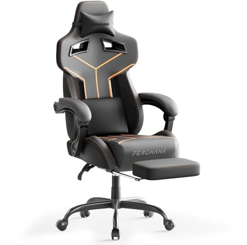 Ferghana Sedia da Gaming Ergonomica,Sedia Ufficio,Sedia Gaming Racing professionale con Regolabile Poggiapiedi,Poggiatesta,Supporto Lombare,Pelle di PU,Poltrona Ufficio,Sedia da Gioco,Grigio F08