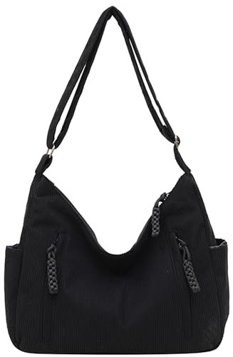 ibalulu Borsa Donna a Tracolla in Velluto a Coste, Tote Bag Grande Mezzaluna, Borsa Shopper per Università, Scuola, Ufficio, Lavoro, Viaggi e Shopping (Nero)