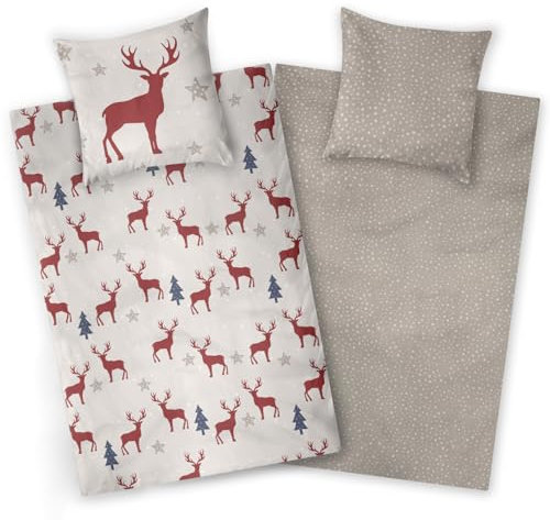 Aminata kids Biber Hirsch-Motiv Bettwäsche 135x200 Baumwolle Grau Rot - Winter Bettwäsche Warm - Weihnachten Winter-Bettwäsche - Elch Rentier Kinder Erwachsene warm weich