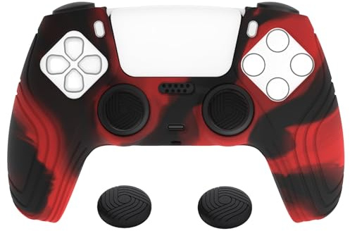eXtremeRate PlayVital Hülle für ps5 Controller,Case ergonomische Schutzhülle Griffe Silikonhülle,2 Stück Schwarze Stick Aufsätze für ps5 Controller(Samurai Edition,Rot Schwarz)
