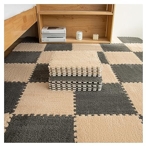 FYYSJW 16 Pieces Square Puzzle Foam Floor Mat, Thickened Interlocking Carpet Tiles For Playroom, Plush Flooring Play Mat, 11.8 X 11.8 Inch(Color:Gray+Light Brown)