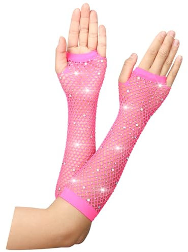 HaiFafafaing Netzhandschuhe Rosa Handschuhe Damen Fingerlose Fishnet Gloves Fischnetz Strass Glänzende Netzhandschuhe für 80er Jahre Kostüm Zubehör Disco Maskerade Partyzubehör (Rosenrot)