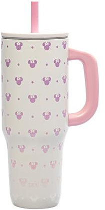 Zak Designs Disney Sutton Travel Tumbler for On the Go or At Home, 40oz Stainless Steel with Vacuum Insulation, Silicone Straw, Carry Handle, and 3D Artwork for Cold Drinks (Minnie Mouse)