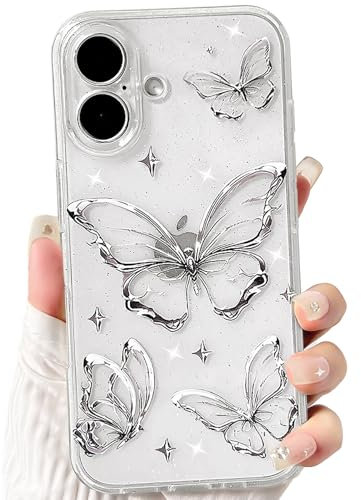 NITITOP Compatible with iPhone 16 Case Cute Clear Glitter Butterfly Design Sparkly Bling Shiny Star Trendy Girls Women Soft Slim Anti-Yellow TPU Shockproof Protective Phone Cover - White