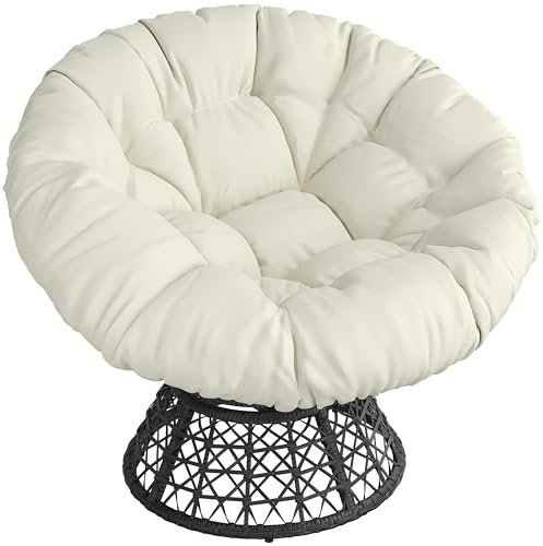 Yaheetech Rattan Papasan Moon Chair with Pads Soft Cushion, 360° Swivel Oversized Round Comfy Reading Armchairs Lounger for Living Room/Indoor/Outdoor Beige