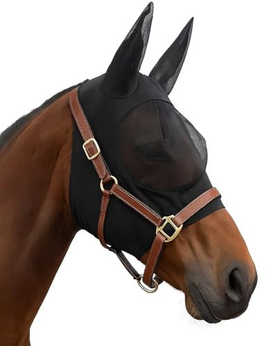 Fliegenmaske Pferd mit Ohrenschutz & Elastizität, Uv-Beständig, Atmungsaktive Fliegenhaube Pferd Cob Größe L (Schwarz - Einheitsgröße)