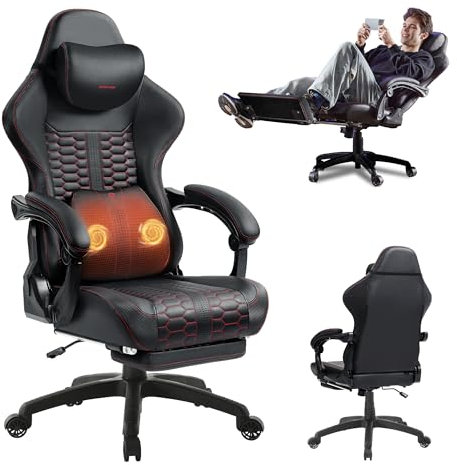 Dowinx Gaming Chair Dual-Point Massager Ergonomic Computer Chair with 360°-Swivel Footrest and Lumbar Support Heavy Duty PC Chairs with Headrest for Office, Black