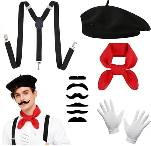 OCHILIMA Set francese da uomo, set di accessori per costume francese per adulti, con berretto, bretelle, baffi, sciarpa, guanti, per artisti in costume, kit per carnevale