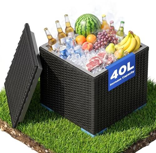 Huracan Mesa con nevera, mesa de jardín Cool Bar con función de refrigerador, mesa de cóctel y mesa auxiliar, diámetro de 40 cm, resistente a la intemperie, para jardín, terraza, piscina, balcón