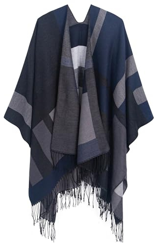 DiaryLook Ladies Printed Poncho Cape Reversible Oversized Shawl Wrap Open Front Cardigans for WomenBlack/Navy