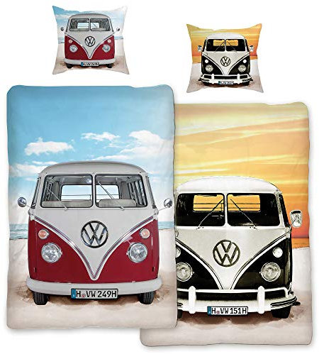 VW Volkswagen Bulli Bettwäsche Beach Rot/Schwarz 135 cm x 200 cm + 80 cm x 80 cm VW-Bus T1 100% Baumwolle in Renforcé-Linon-Qualität Retro Camper Van 2 Wendebettwäsche Reißverschluss 089