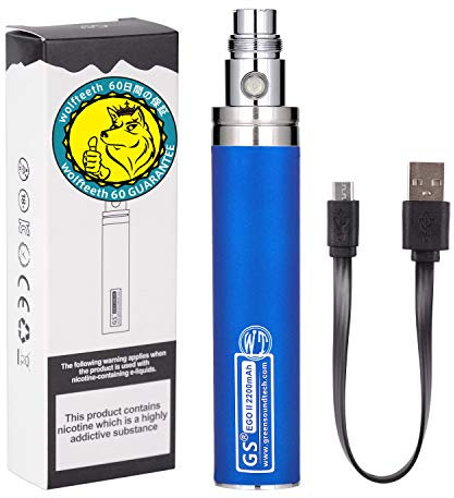 WOLFTEETH Genuine GS EGO II Prime 2200mAh Rechargeable Battery Bottom Micro USB Charge 510 Ego Charge, 510 E-Shisha E-Cigarette (0ml Nicotine Free/Blue 121506)