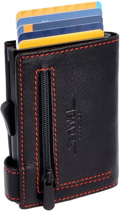 SecWal Kartenetui mit Münzfach Reißverschluss - Made in Germany - Echtleder Geldbörse inkl. E-Book für Damen und Herren - RFID Schutz Portemonnaie Leder - Geldbeutel klein (Schwarz-Rot)
