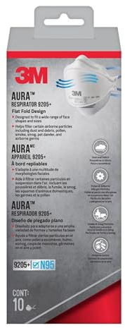 3M Aura Particulate Respirator 9205+ N95, Lightweight, Three Panel Designed Respirator Helps Provide Comfortable And Convenient Respiratory Protection, 10-Pack