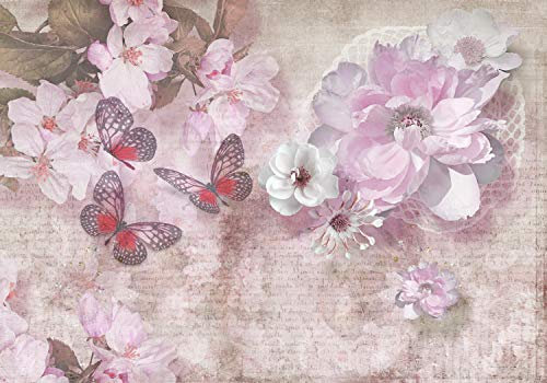 wandmotiv24 Fototapete Blumen Schmetterlinge rosa, 400 x 280 cm - selbstklebende Strukturtapete, Wanddeko, Wandbild, Wandtapete, Vintage, Diamanten, Zeichnung M1757