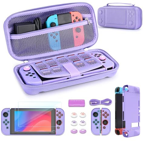 Younik Kit d'accessoires 14 en 1 pour la Switch, Grand étui de transport pour Switch 2017, étui de voyage pour Switch adapté à la console, poignée J-con et chargeur (Violet, Modèle de Bouton)