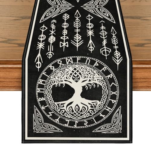 Artoid Mode Schwarz Wikinger Futhark Runen Odin Baum des Lebens Tischläufer, Saisonnal Küche Tisch Dekoration Drinnen Urlaub Party Dekor 40x140 cm