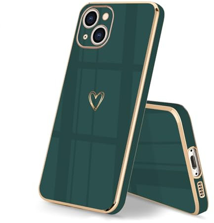 HopMore Phone Case for iPhone 15 Case Silicone for Girls Women, Soft Flexible TPU Case with Hearts Pattern Design Shell Slim Thin Shockproof Protective Cover for iPhone 15, Dark Green