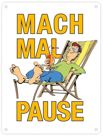 Mach mal Pause Metallschild in 15x20 cm in weiß mit Spruch ein Schild für alle die mal entspannen müssen Motiv Hängematte Comicstil Arbeitsplatz Hängematte Blechschild Büro