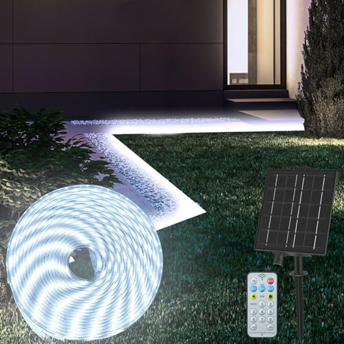 CCILAND 10M Solar LED Strip Lights Outdoor, IP68 Waterproof Light Strip with 8 Modes Remote Dimmable Flexible Sleeve Strip for Garden Porch Patio Gazebo Decor - Cool White