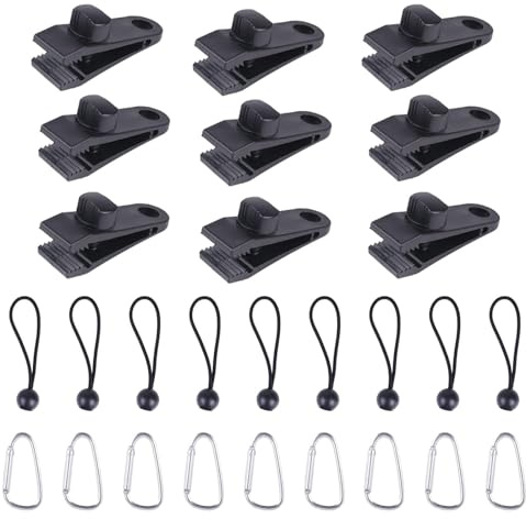 9 Stück Planenclips + 9 Stück Spanngummis mit Kugeln 15 cm +9 Bergsteigerschnallen, Zeltclip Planenclips, Zeltplane Clip Plane Befestigung für Zeltvorzelt Pavillon, Camping, Wohnwagen
