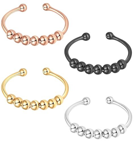 DMNQ 4 Stück Anti-Stress Fidget Ring - Spinning Ring mit Perlen, Offener Spinner für Damen - Linderung von Ängsten für Mädchen & Frauen - Schwarz, Silber, Gold, Roségold